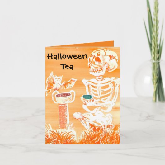 Funny Halloween Skeleton-Bat Tea Time Faltcard Dankeskarte (Vorderseite)