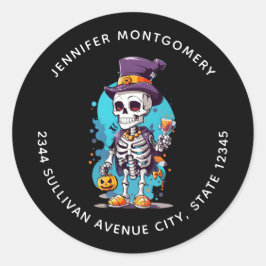 Funny Halloween Skeleton mit Top Hat-Adresse Runder Aufkleber