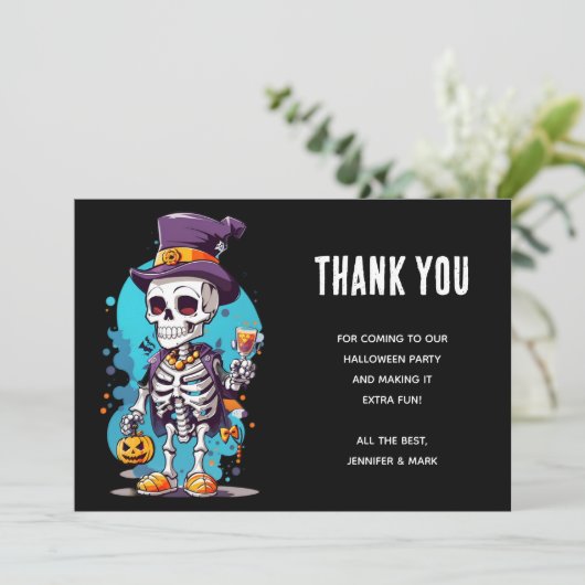 Funny Halloween Skeleton mit Top Hat Dankeskarte (Stehend Vorderseite)