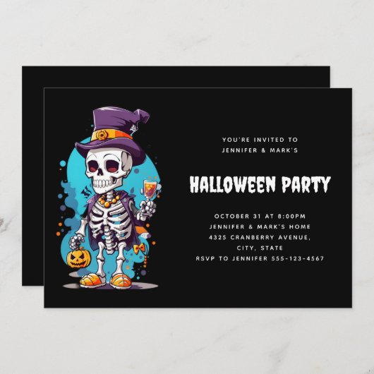 Funny Halloween Skeleton mit Top Hat Einladung (Vorne/Hinten)