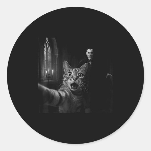 Funny Halloween Surprised Ed Cat Selfie Dracula Va Runder Aufkleber (Vorderseite)