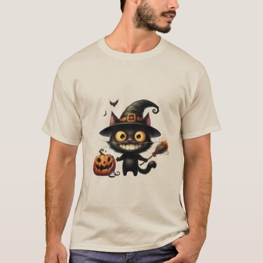 Funny Halloween Witch Cat with Magic Broom 🐾🧹 T-Shirt (Vorderseite)