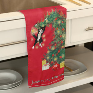 Funny Hang In There Cat in Christmas Tree Geschirrtuch