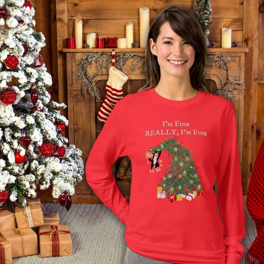 Funny Hang In There Cat in Christmas Tree T-Shirt