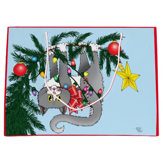 Funny Hanging Christmas Tree Cat Große Geschenktüte (Vorderseite)