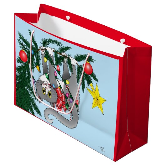 Funny Hanging Christmas Tree Cat Große Geschenktüte (Vorderseite Schrägansicht)
