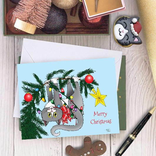 Funny Hanging Christmas Tree Cat Karte