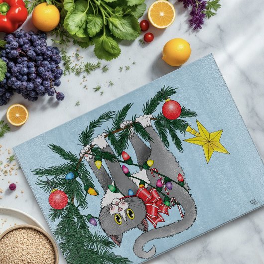 Funny Hanging Christmas Tree Cat Schneidebrett