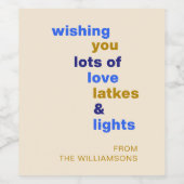 Funny Hanukkah Liebe Latkes Lights Blue Custom Weinetikett (Einzelnes Label)