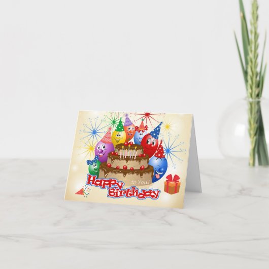 Funny Happy Birthday Balloons and Chocolate Cake Karte (Vorderseite)