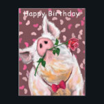 Funny Happy Birthday Card Gentleman Pig mit Rose Postkarte<br><div class="desc">Hübsche Geburtstagskarten mit Gentleman Pig mit Rose - MIGNED Painting Design - oder Ihren Text hinzufügen / Name</div>