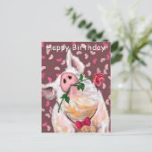Funny Happy Birthday Card Gentleman Pig mit Rose Postkarte (Stehend Vorderseite)