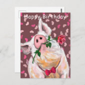 Funny Happy Birthday Card Gentleman Pig mit Rose Postkarte (Vorne/Hinten)