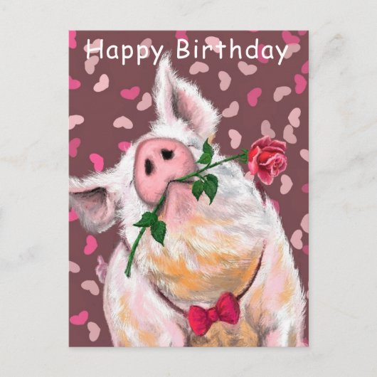 Funny Happy Birthday Card Gentleman Pig mit Rose Postkarte (Vorderseite)