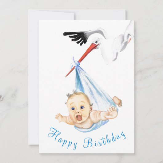 Funny Happy Birthday Card Stork Carry Baby (Vorderseite)