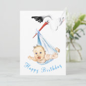 Funny Happy Birthday Card Stork Carry Baby (Stehend Vorderseite)