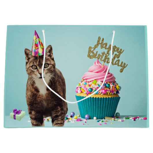 Funny Happy Birthday Cat mit Cupcake Große Geschenktüte (Vorderseite)