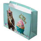 Funny Happy Birthday Cat mit Cupcake Große Geschenktüte (Rückseite Schrägansicht)