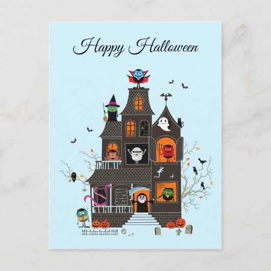 Funny Happy Halloween Spuk House People Postkarte (Vorderseite)