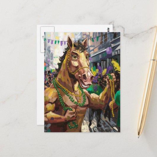 Funny Happy Mardi Gras Horse Postkarte (Vorderseite/Rückseite Beispiel)