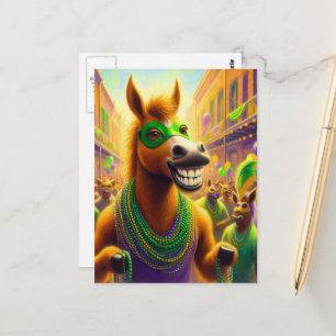 Funny Happy Mardi Gras Pferd mit Perlen Postkarte