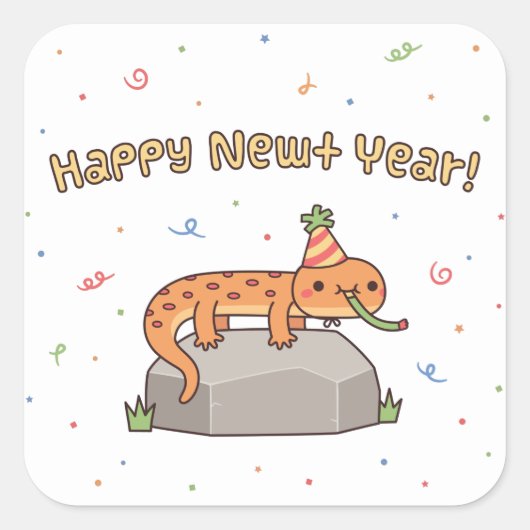 Funny Happy Newt Year, New Year Pun Doodle Quadratischer Aufkleber (Vorderseite)