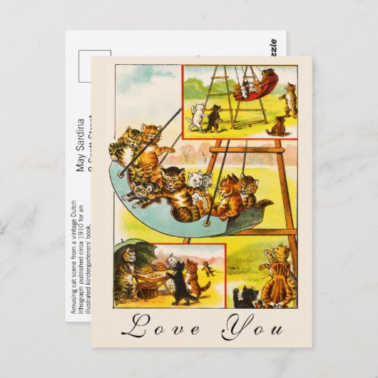 Funny Happy Retro Katzen Kätzchen Playing Liebe Si Postkarte (Vorne/Hinten)