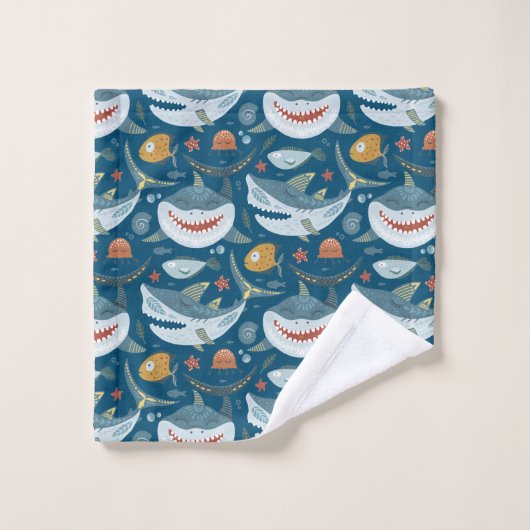 Funny Happy Shark Blue Ocean Tiermuster Badhandtuch Set (Waschlappen)