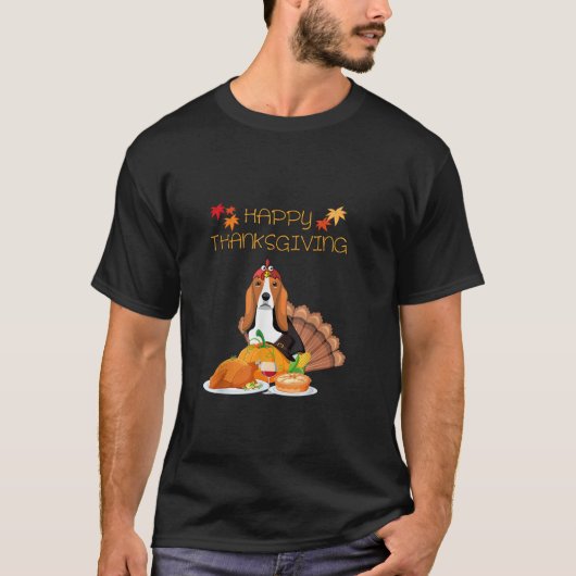 Funny Happy Thanksgiving Basset Hound Dog Türkei L T-Shirt (Vorderseite)