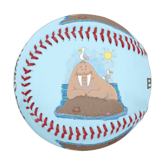Funny happy walrus Cartoon Illustration Baseball (Vorderseite Links)
