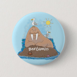 Funny happy walrus Cartoon Illustration Button