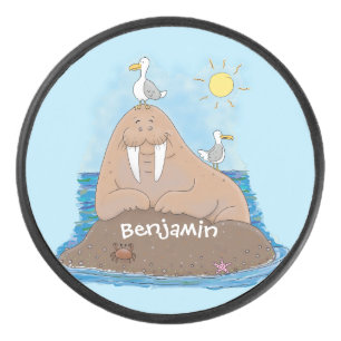 Funny happy walrus Cartoon Illustration Eishockey Puck