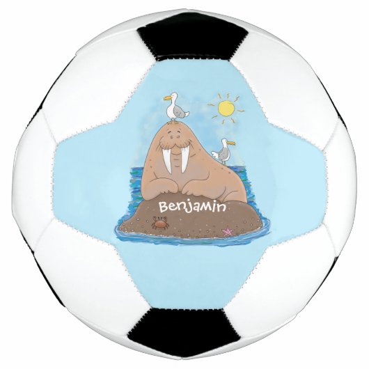 Funny happy walrus Cartoon Illustration Fußball (Vorderseite)