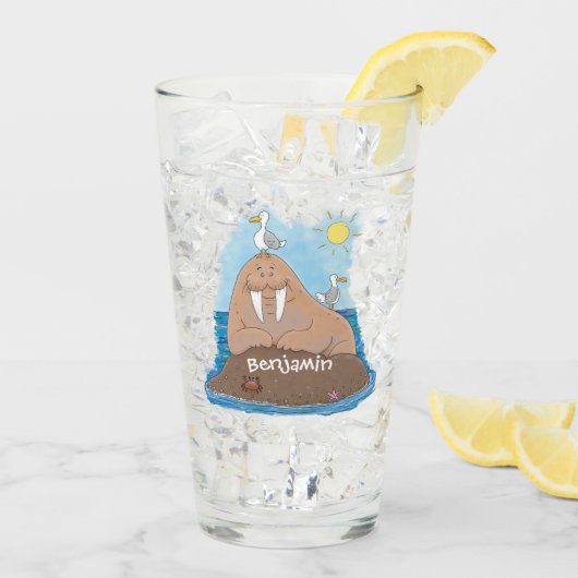 Funny happy walrus Cartoon Illustration Glas (Rückseite Ice)