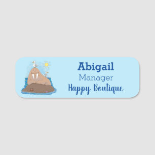 Funny happy walrus Cartoon Illustration Namensschild