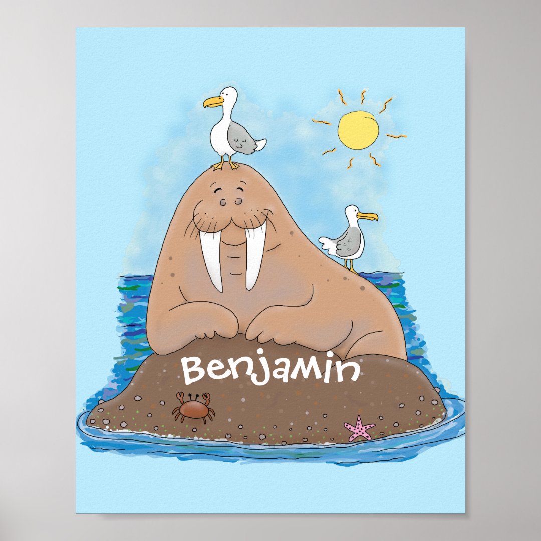 Funny happy walrus Cartoon Illustration Poster | Zazzle.de