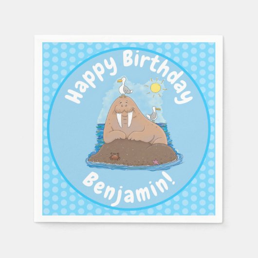 Funny happy walrus Cartoon Illustration Serviette (Vorderseite)