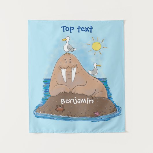 Funny happy walrus Cartoon Illustration Wandteppich (Vorderseite)