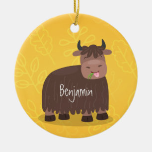 Funny happy yak aß gras Cartoon Illustration Keramik Ornament