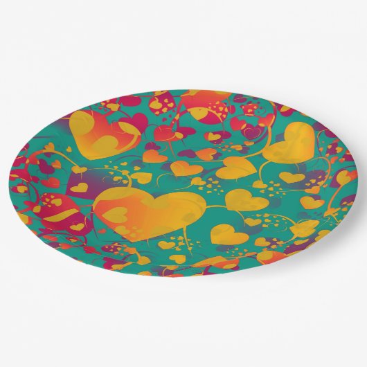 Funny Heart Muster IX - grün, rot gelb Pappteller (Schrägansicht)