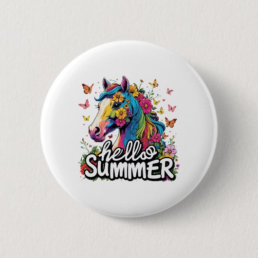 Funny Hello Summer Horse Button (Vorderseite)