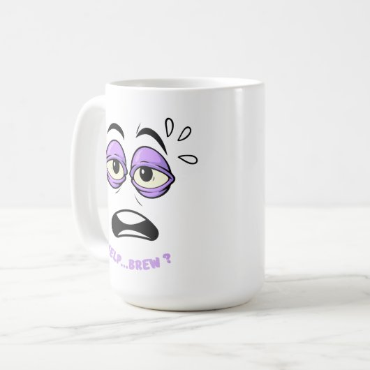 Funny Help Brew Sleepy Face Cartoon Kaffeetasse (Vorderseite Links)