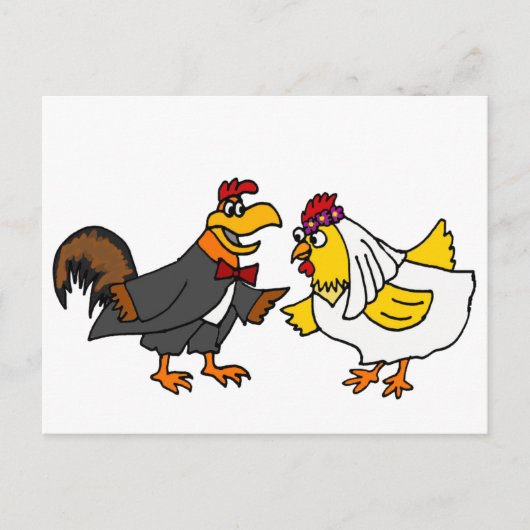 Funny Hen Bride und Rooster Groom Wedding Postkarte (Vorderseite)
