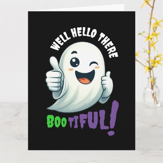 Funny Hey, Boo-tiful! Niedlich Winking Ghost Karte (Gelbe Blume)