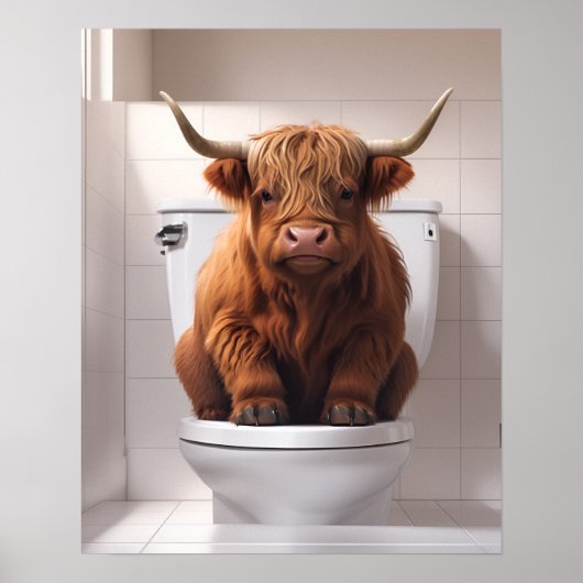 Funny Highland Cow auf der Toilette Badezimmer Poster (Vorne)