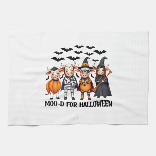 Funny Highland Cow Moo-d zu Halloween Geschirrtuch (Horizontal)