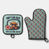Funny Highland Cow Retro Western Motivierend Kunst Ofenhandschuh & Topflappen-Set (Vorderseite)