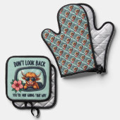 Funny Highland Cow Retro Western Motivierend Kunst Ofenhandschuh & Topflappen-Set (Vorderseite/Rückseite)