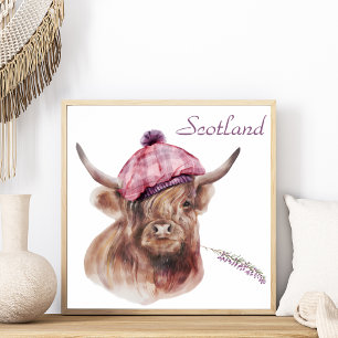Funny Highland Cow Tartan Cap Scotland Animal Art Poster