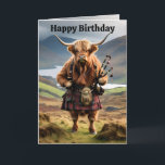 Funny Highland Cow with Bagpipe, Birthday Card Karte<br><div class="desc">Mit Blick auf das schottische Highland ist eine lustige Hochlandkuh Stehend mit Kilt auf und trägt seine Bagpipe.</div>